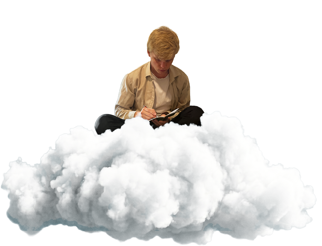 Nico sitzt auf einer Wolke und schreibt in ein Notizbuch