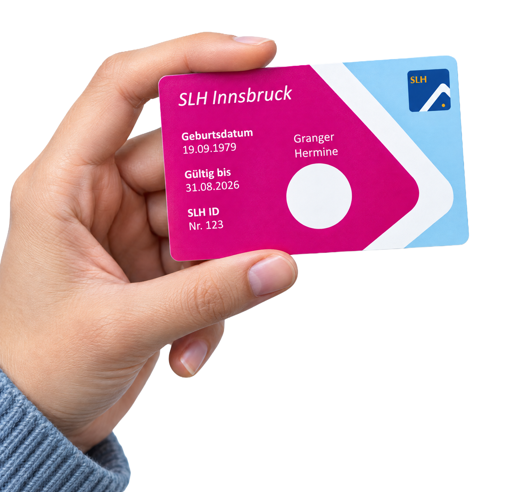 Mockup eines SLH-Ausweises mit neuer Farbwelt und bestehendem Logo